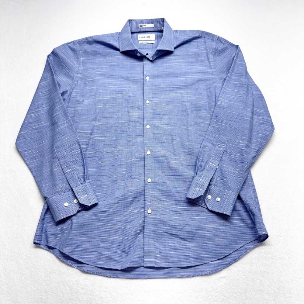 Calibrate Extra Trim Fit Dress Shirt Mens Size 17 34-35 Blue Micro-Check Cotton